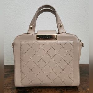 Chanel Label Click Shopping Tote Quilted Beige Calfskin Small